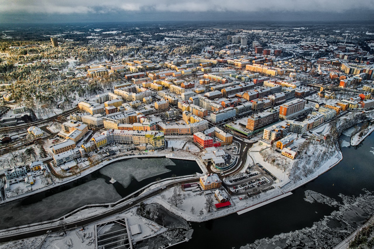 Aerial View of City Buildings and Roads - Sweden