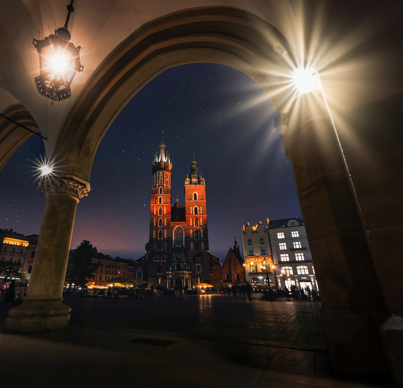 Exterior of the Basilica of Saint Mary seen from Sukiennice, Krakow Cloth Hall, Krakow, Poland